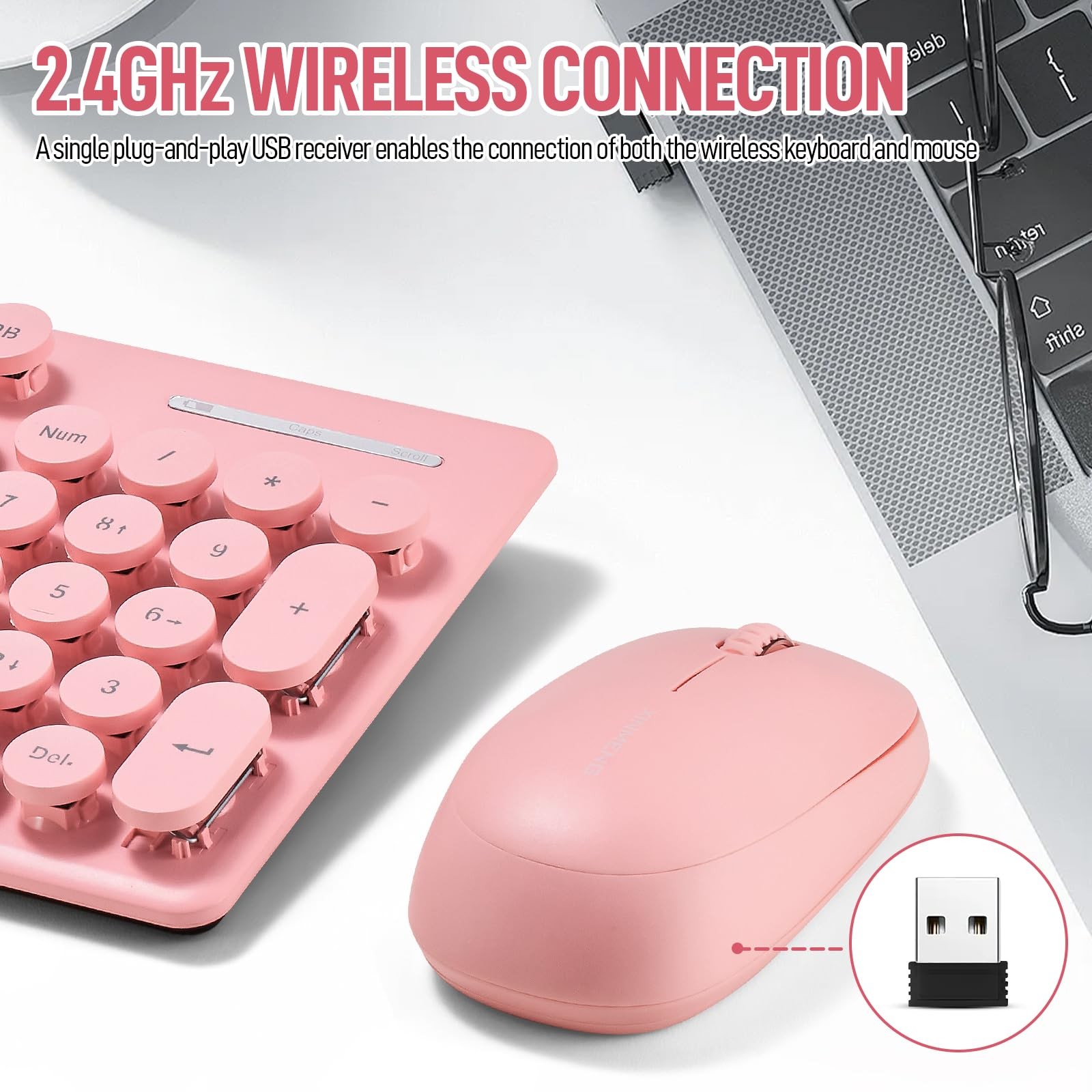 Wireless Keyboard and Mouse Combo, Full Size Compact Quiet pink