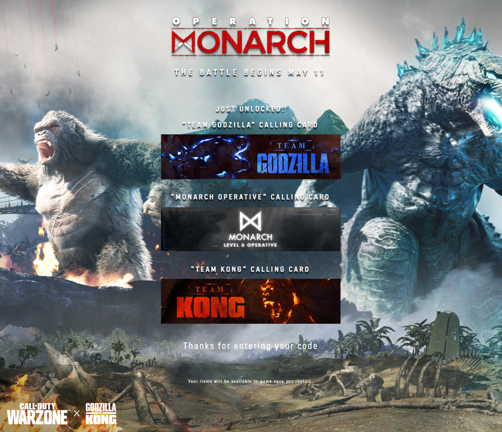 Call of Duty: Warzone / Vanguard / Godzilla vs Kong 3x Calling Card Set DLC
