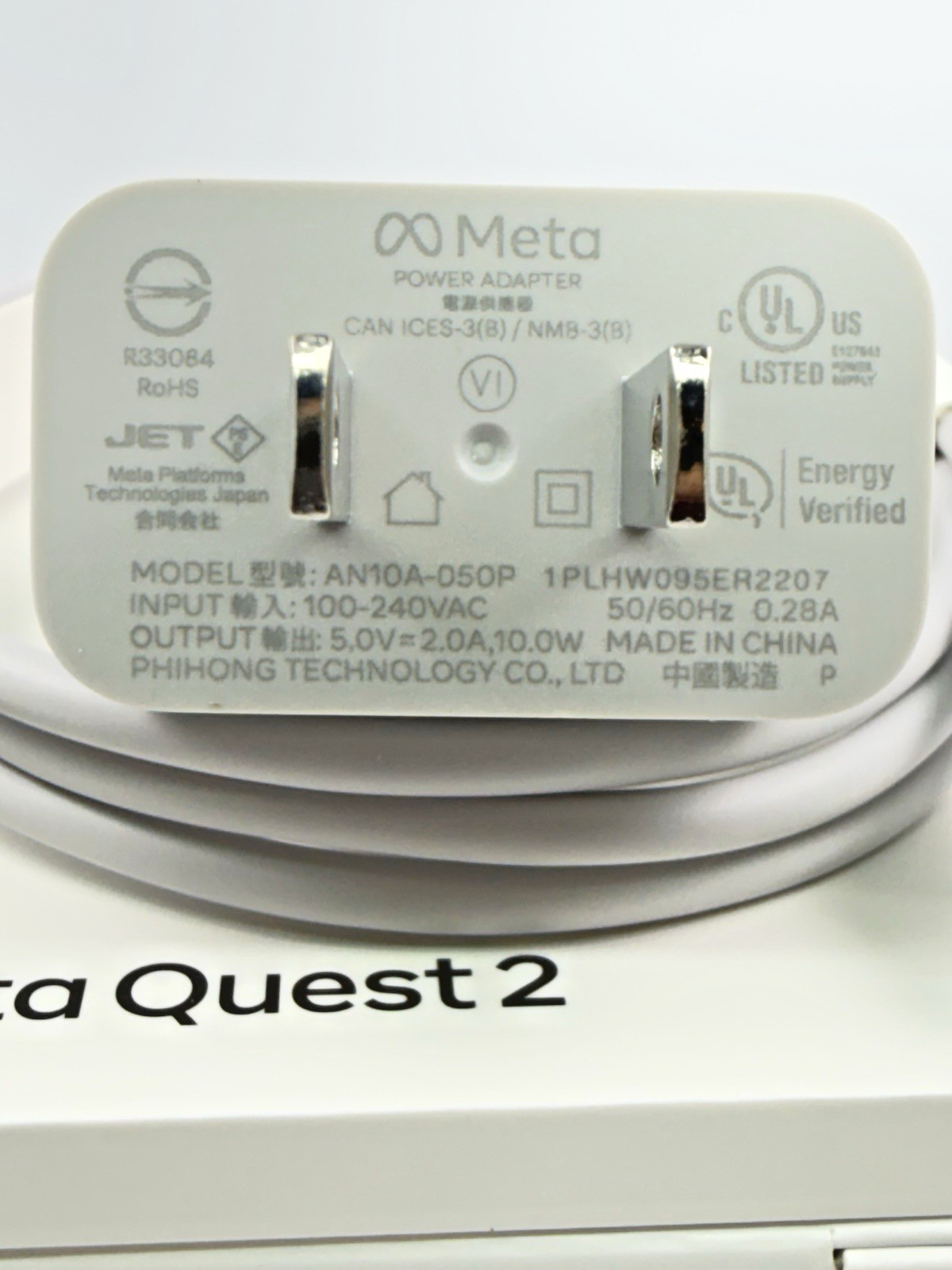100% Genuine OEM Meta Quest 2 10W USB-C power adapter with USB-C cable.