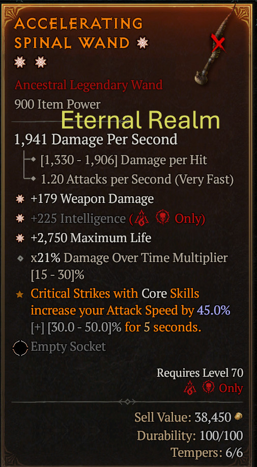 Diablo 4 Eternal Realm 3GA Wand Weapon Damage / Intelligence / Max Life