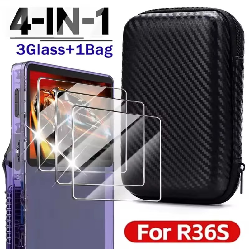 4 in 1 Case+Glass for R36S Game Console Travel Carrying Storage Bag & Screen Pro