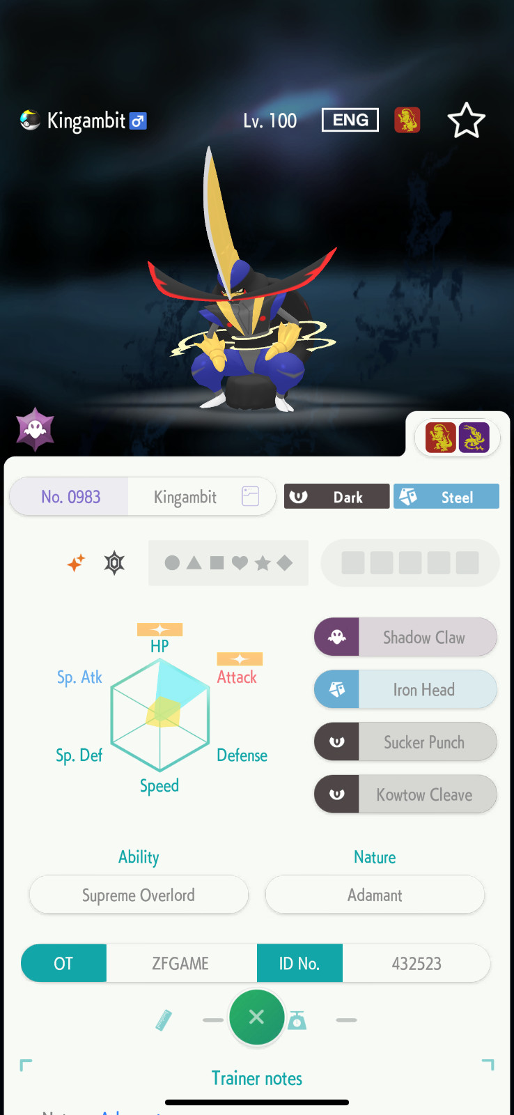 ✨6IV SHINY Kingambit + EVS🚀 POKEMON HOME✨Champions✨Online delivery⚡