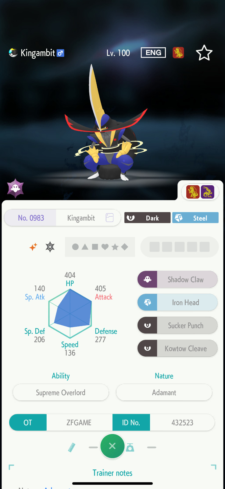 ✨6IV SHINY Kingambit + EVS🚀 POKEMON HOME✨Champions✨Online delivery⚡