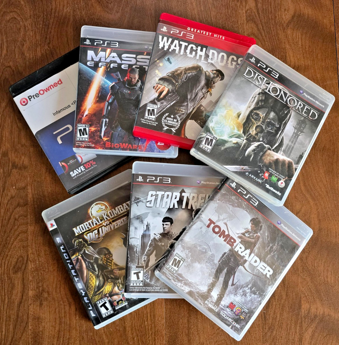 PS3 7 Game Lot inFamous Mass Effect 3 Watch Dogs Dishonored Tomb Raider MK vs DC