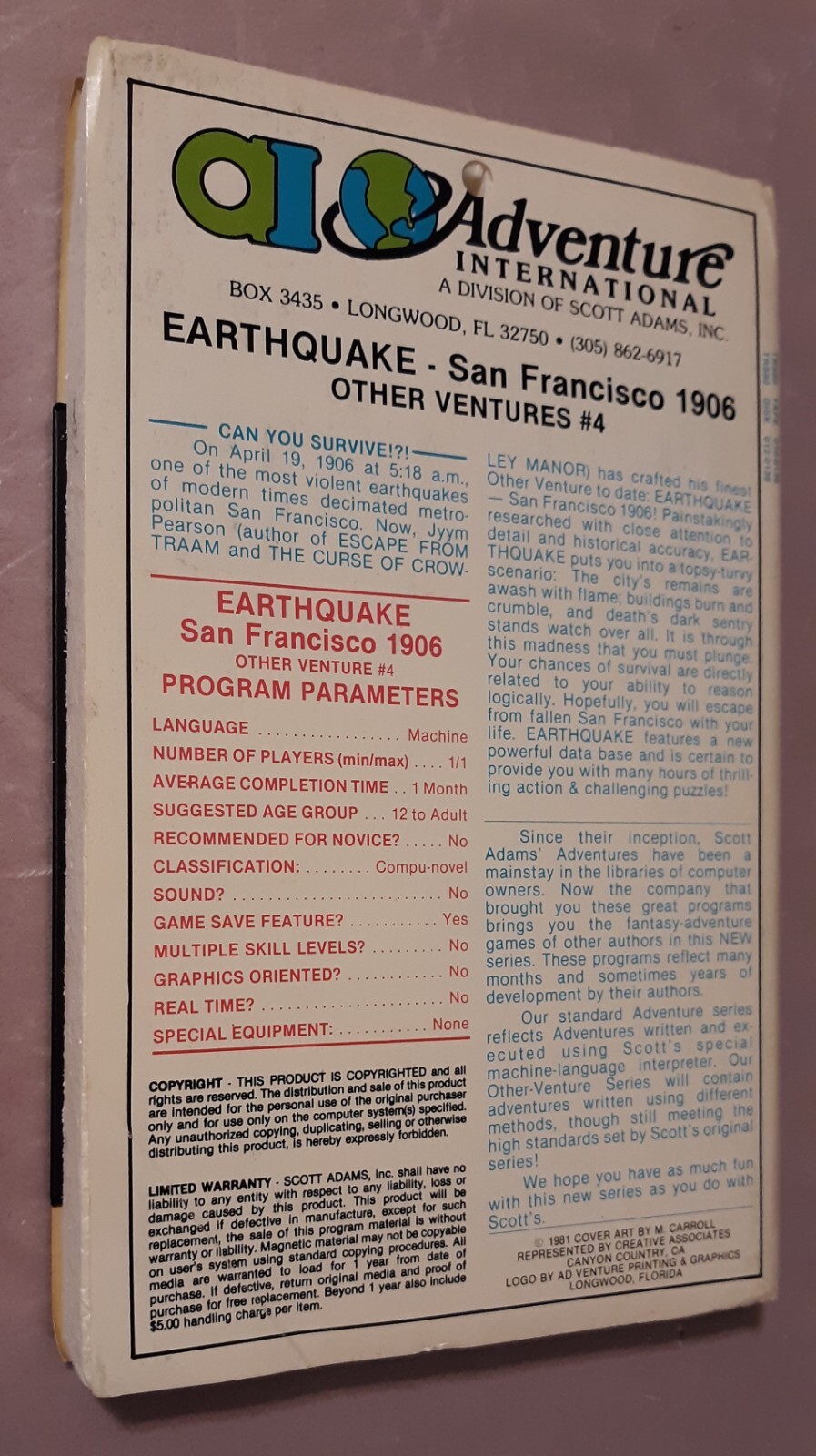 Other Venture #4 Earthquake San Francisco 1906 Adventure International TRS-80