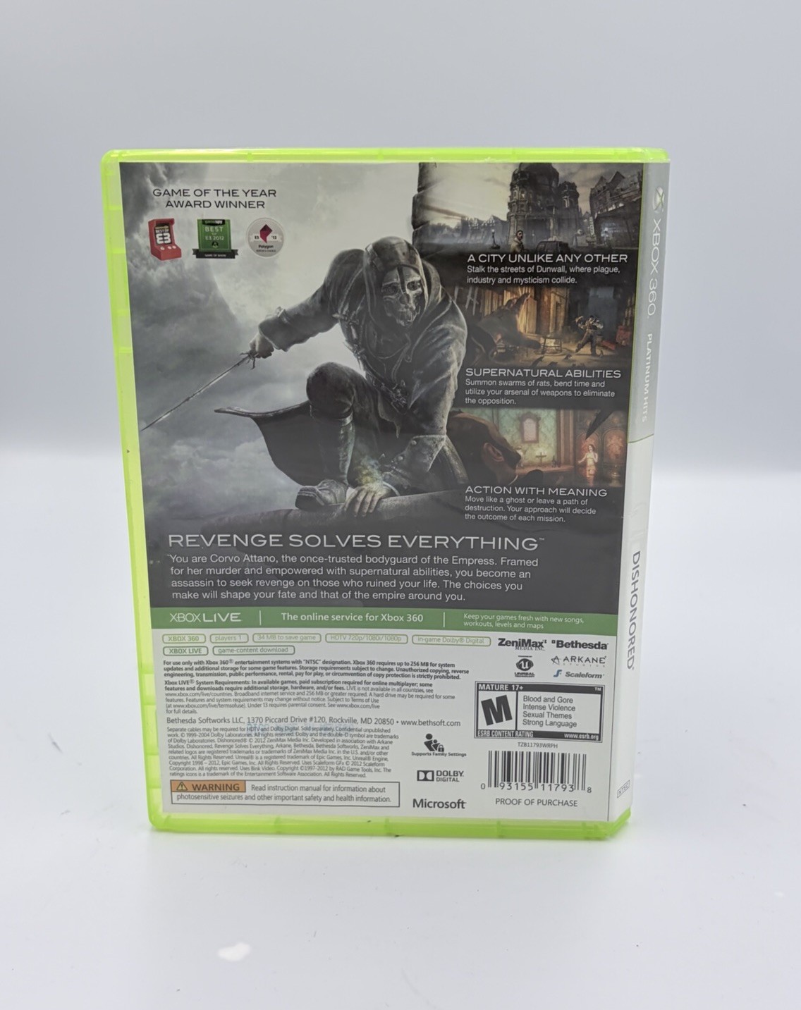 Dishonored (Microsoft Xbox 360, 2012) Complete w/ Manual – Tested Working
