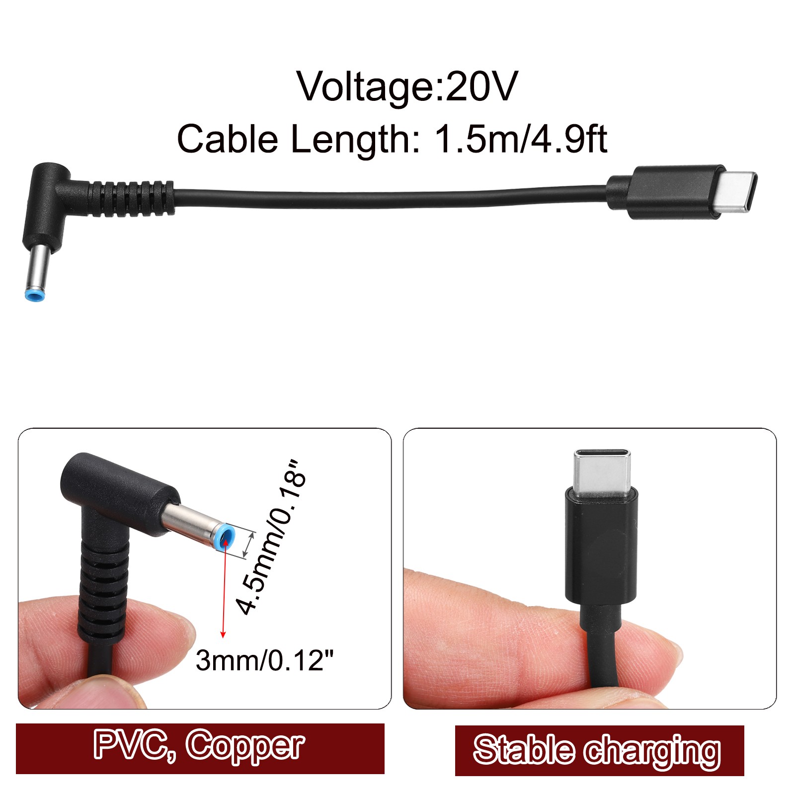 4.9FT USB C to DC PD Power Fast Charging Cables, 4.5mmx3mm 65W/20V(Black)