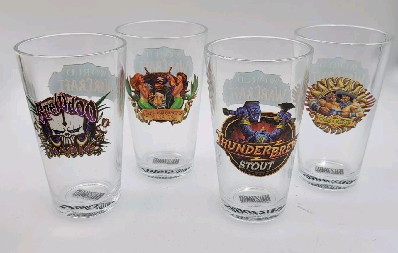 World of Warcraft WoW Blizzard Set of 4 16 oz Pint Drinking Glasses 2014 Rare
