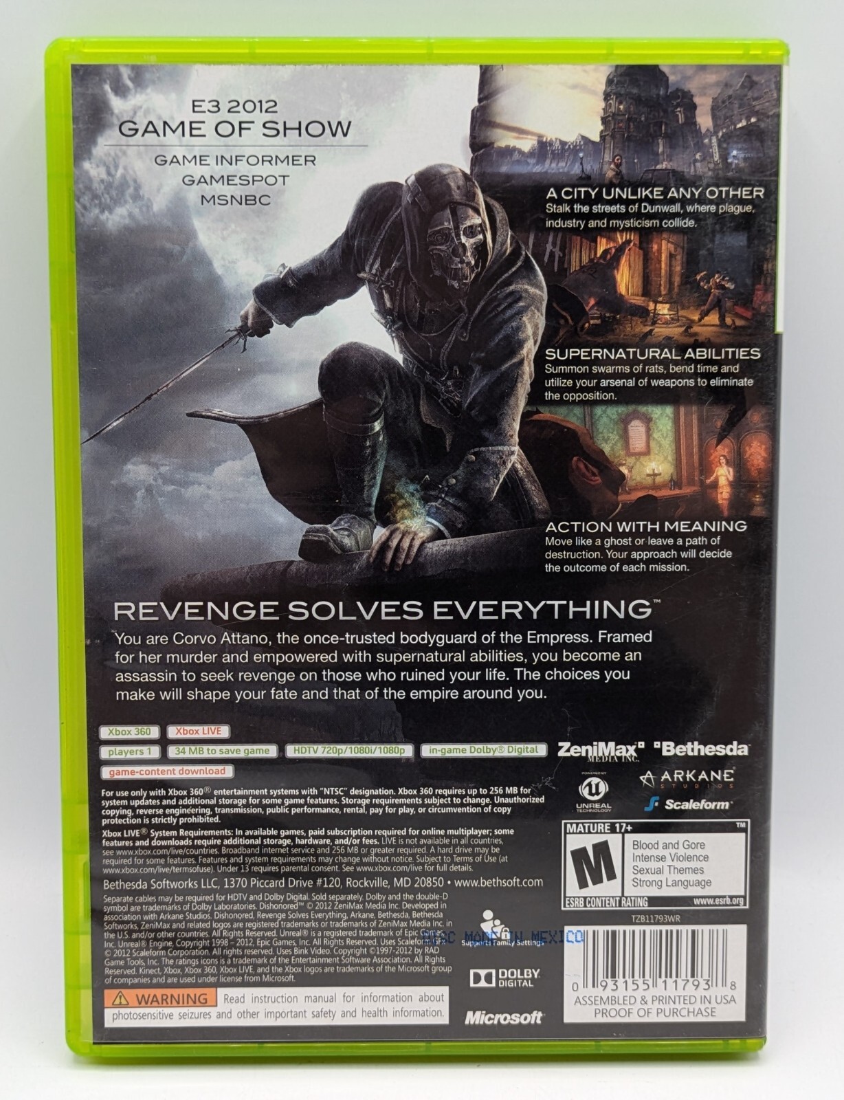 Dishonored Microsoft Xbox 360 2012 Complete EXCELLENT DISC