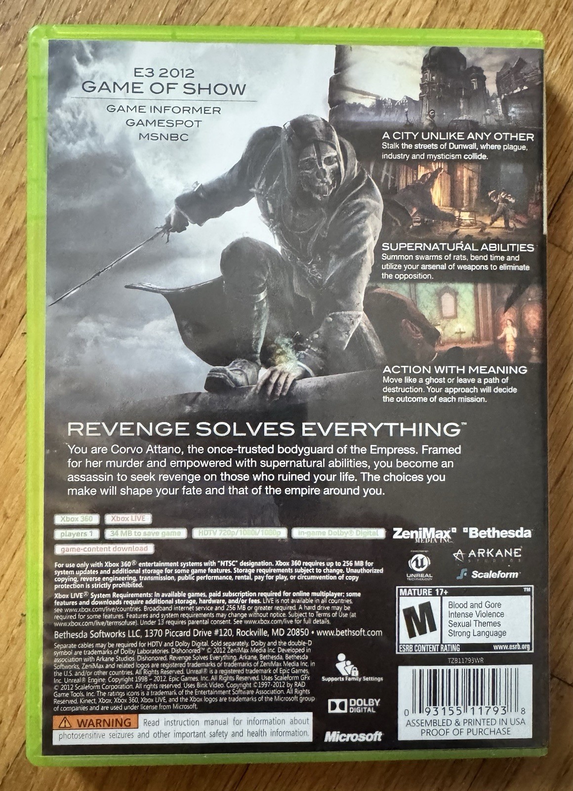 Dishonored (Microsoft Xbox 360, 2012). CIB. Tested