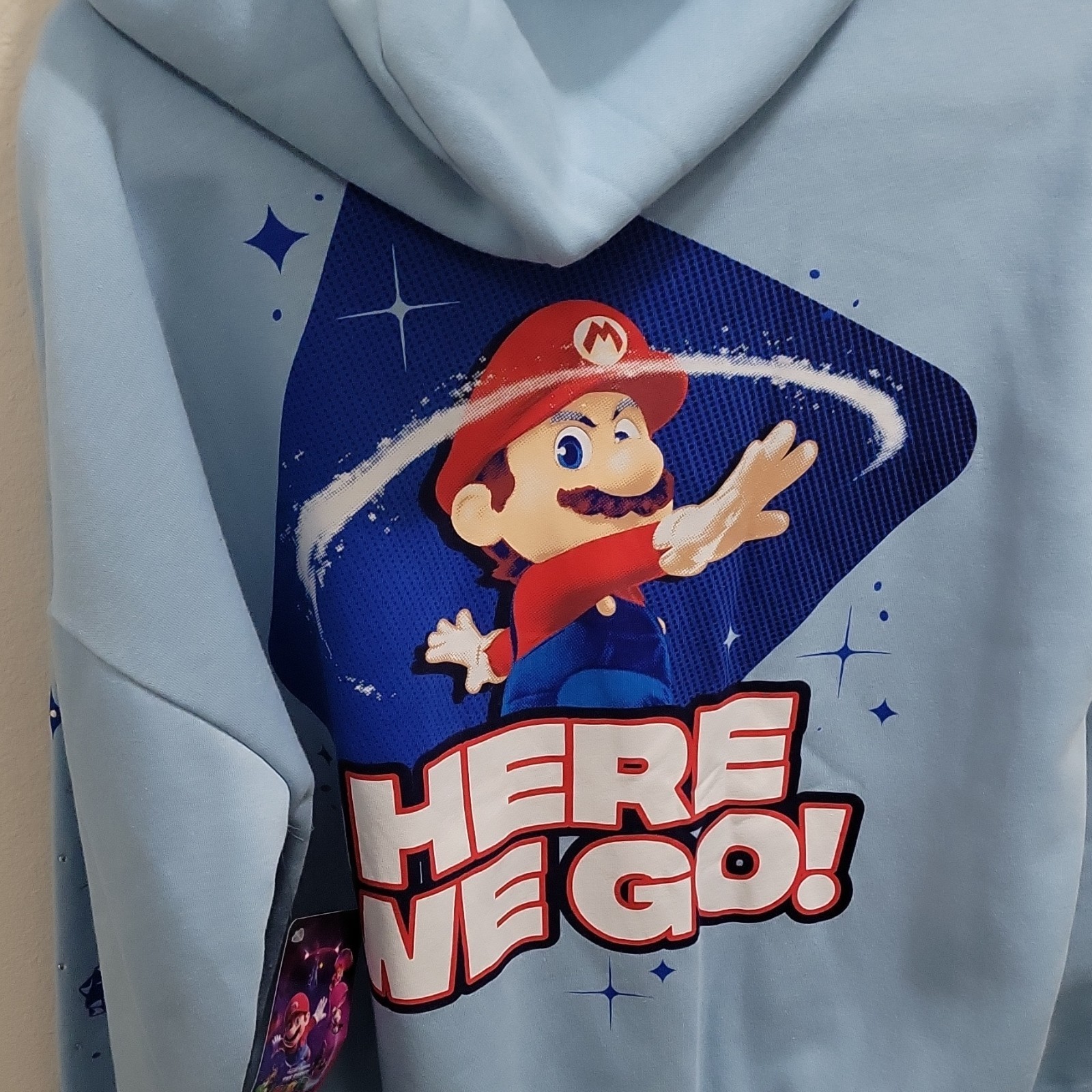 Super Mario Mario Light Blue Hooded Pullover Hoodie Sweatshirt M “Here We Go”
