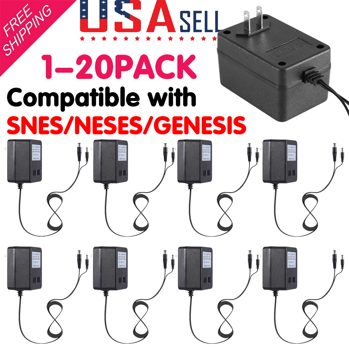 Lot of AC Power Supply Plug Adapter Charger Cable for Nintendo NES SNES GENESIS