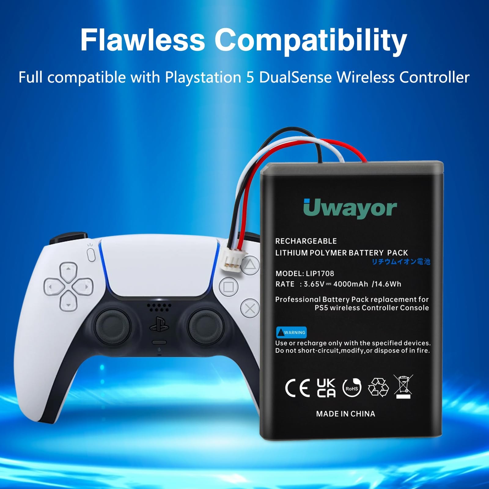 Uwayor PS5 Controller Battery, 4000mAh LIP1708 Battery 2 Pack, Black