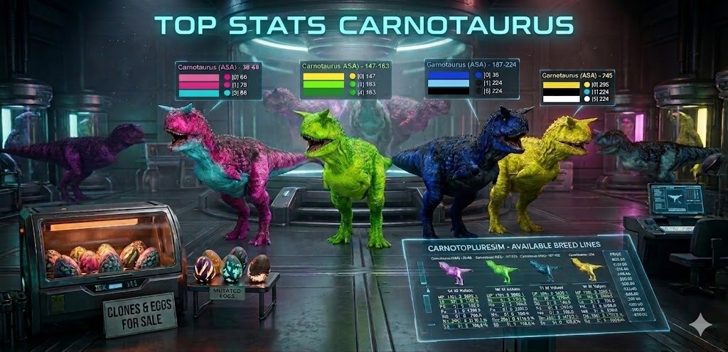 Carnotaurus 362 LEVEL TOP STATS Clone Ark Survival Ascended Official PVE
