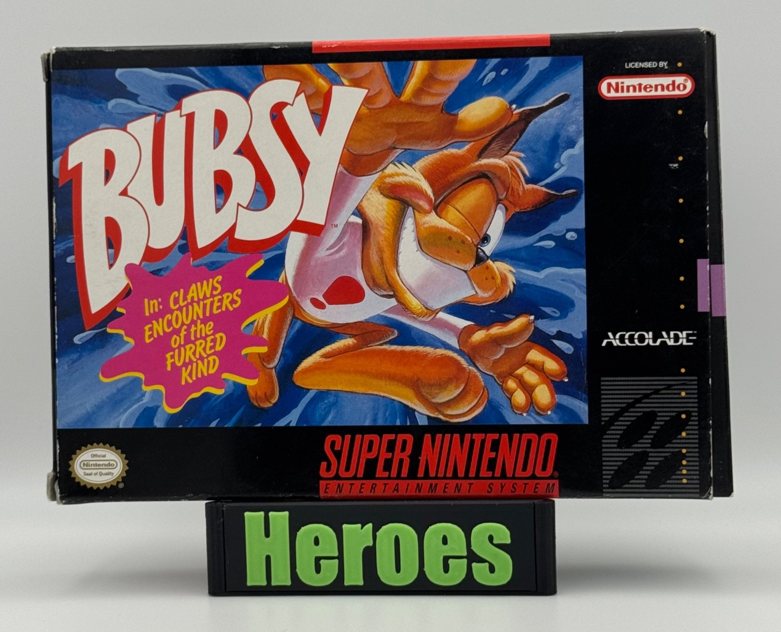 Super Nintento SNES Bubsy, Game, Box, Instructions, Verified Working