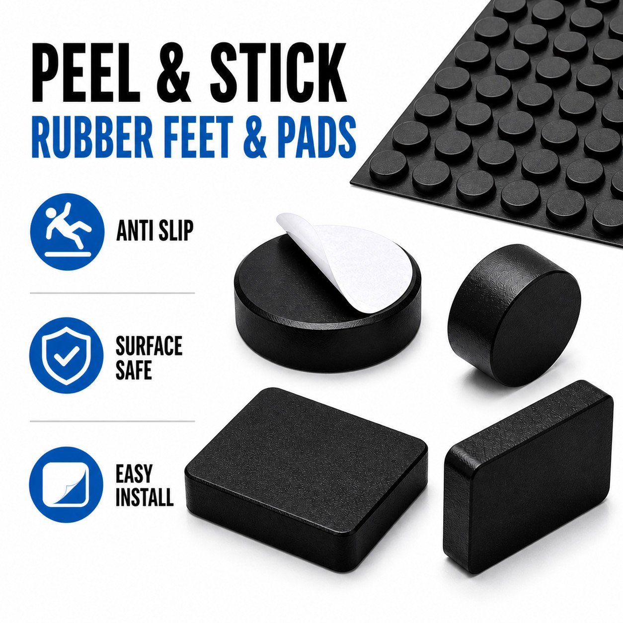 1/2″ x 1 1/2″ x 1/8″ Oval Shaped Rubber Feet 3M Backing Various Package Sizes
