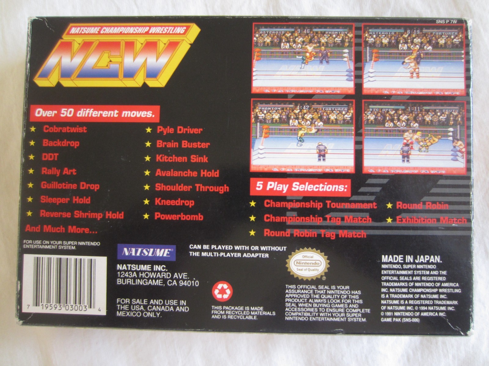 Natsume Championship Wrestling SNES Super Nintendo Complete 1994 Natsume RARE