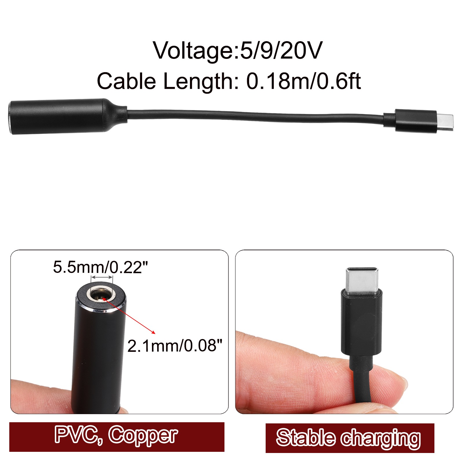 0.6FT USB C to DC PD Power Fast Charging Cable, 5.5mmx2.1mm 65W/5V/9V/20V(Black)