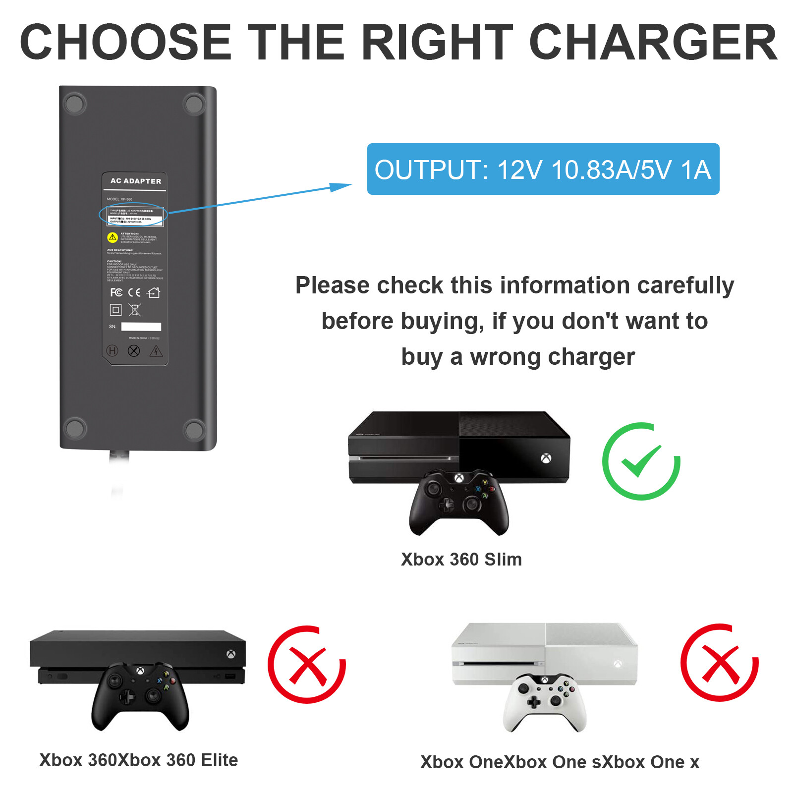 For Microsoft Xbox 360 Slim Power Supply Adapter Brick Charger Power Cord Cable