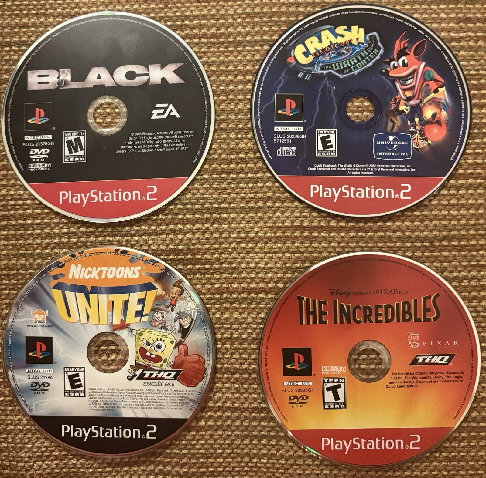 Ps2 Games (Black, Wrath of Cortex, The Incredibles, Nicktoons Unite)