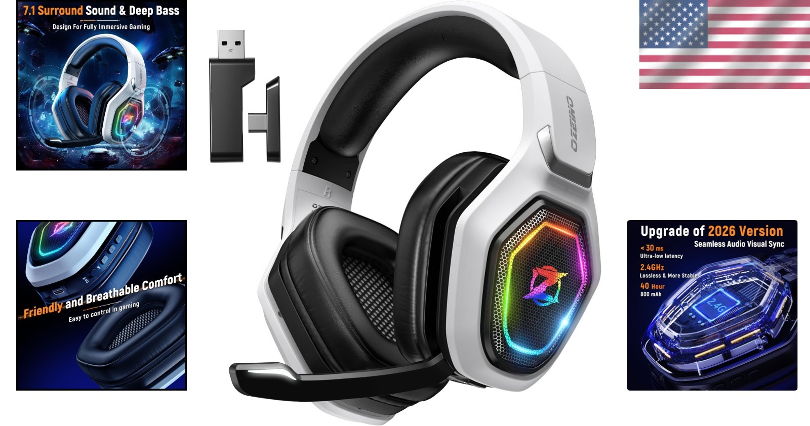 Stylish Wireless Gaming Headset with 40-Hour Playtime & Superior Sound Isolation