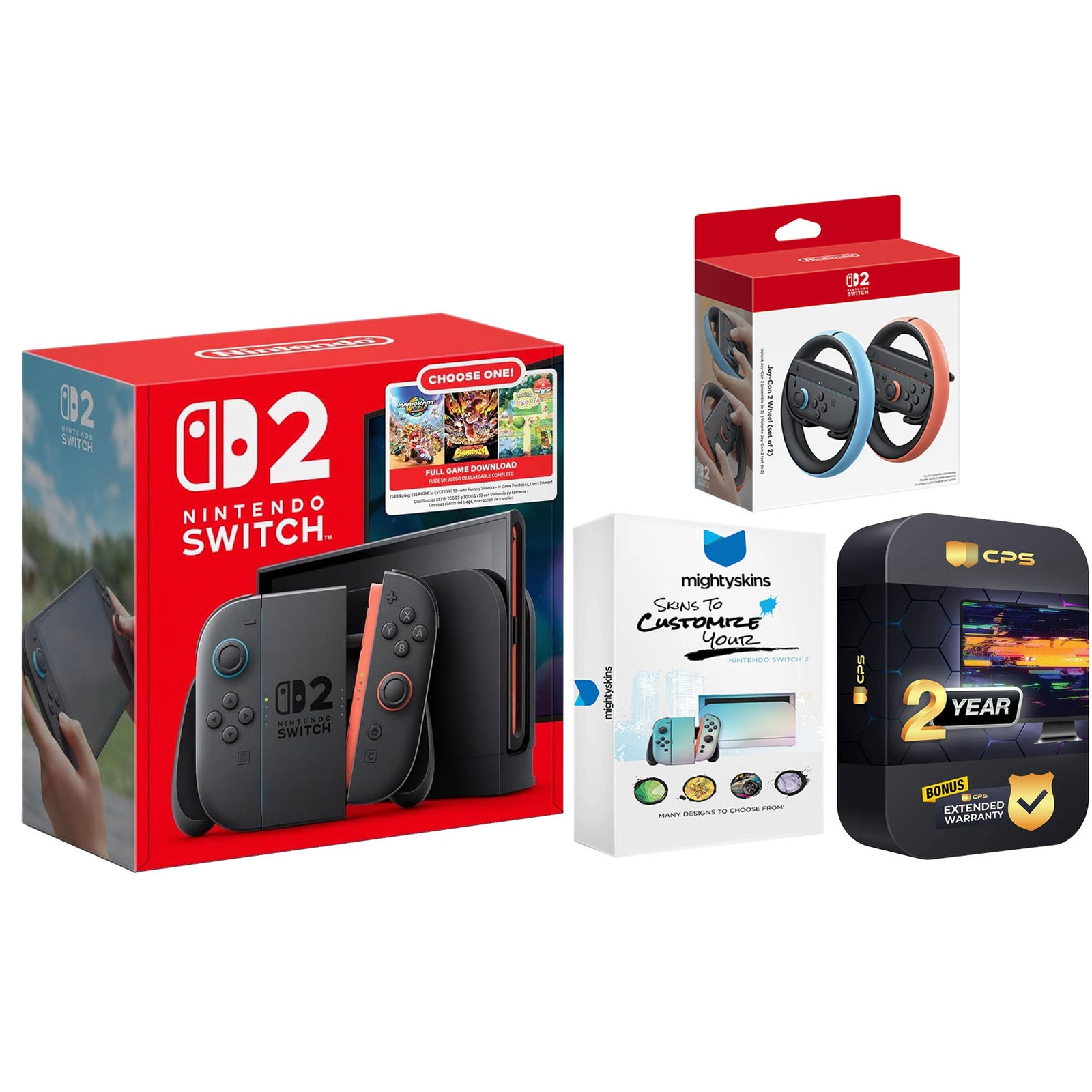 Nintendo Switch 2 Choose Your Game with Joy Con Wheels and MightySkins Bundle
