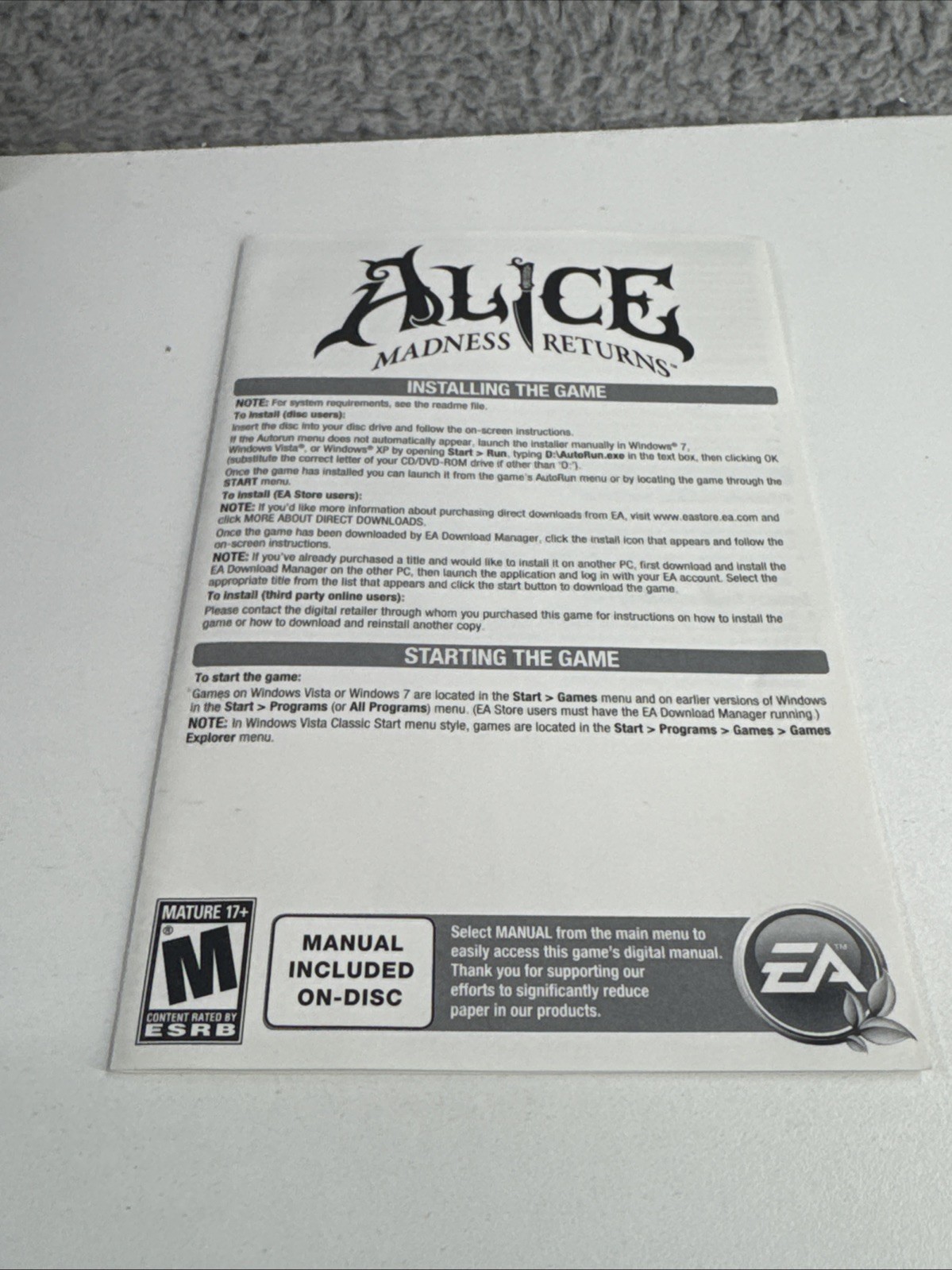 Alice: Madness Returns (PC, 2011) Complete Game Action Adventure Horror EA Rare