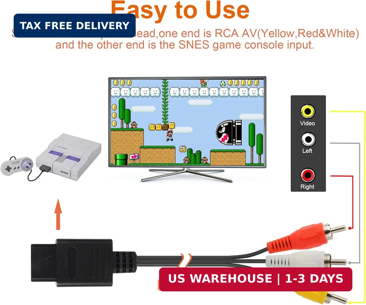 Power Supply and AV Cable for SNES, AC Power Adapter and Audio Video RCA AV Cabl