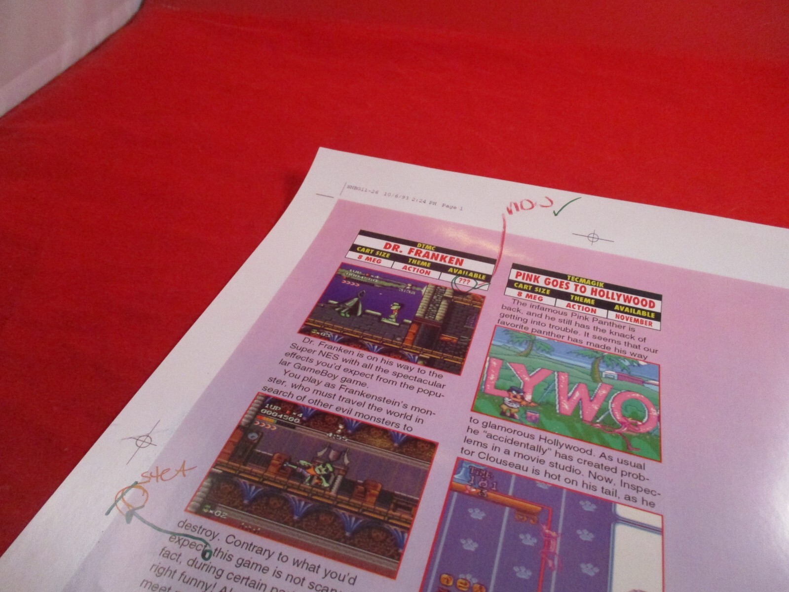Super NES Buyer’s Guide Magazine Prototype Sheet Dr. Franken Pink Hollywood SNES