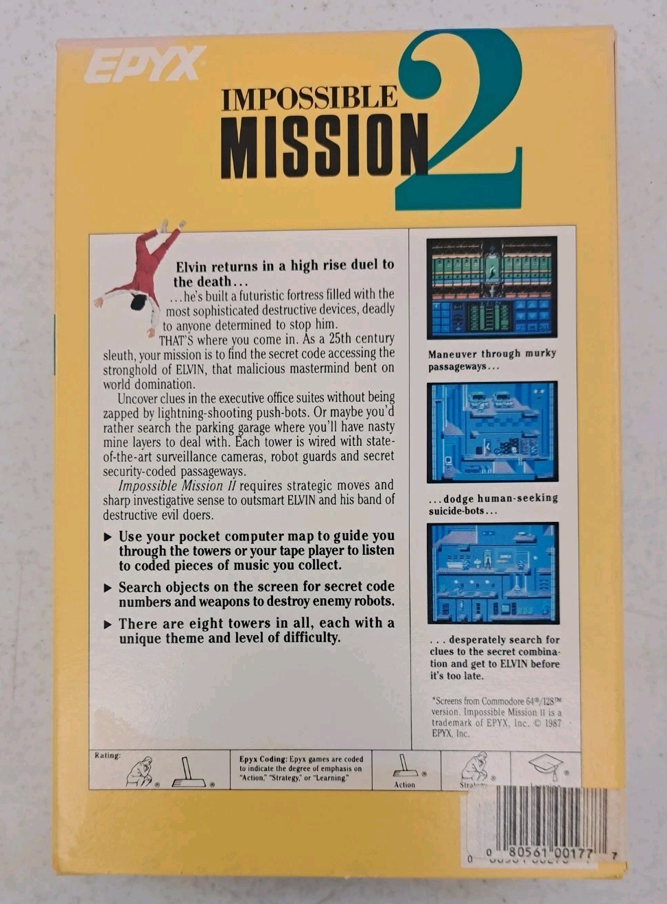 No Disk! Epyx Impossible Mission 2 Box-Manual-Command Card-1988 Commodore Amiga