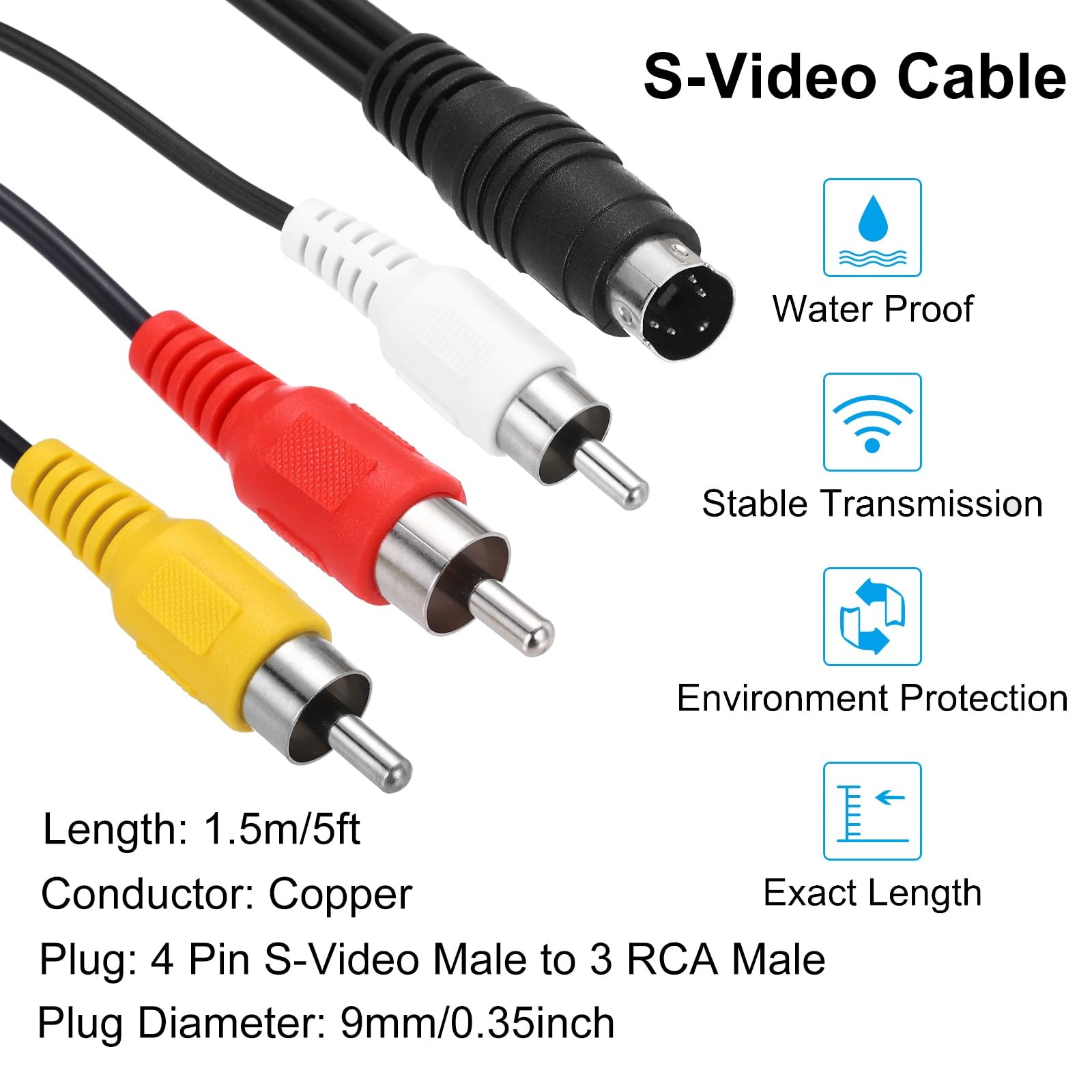 MECCANIXITY S Video Cable 5ft, 4 Pin S-Video Male to 3 RCA 1.5M