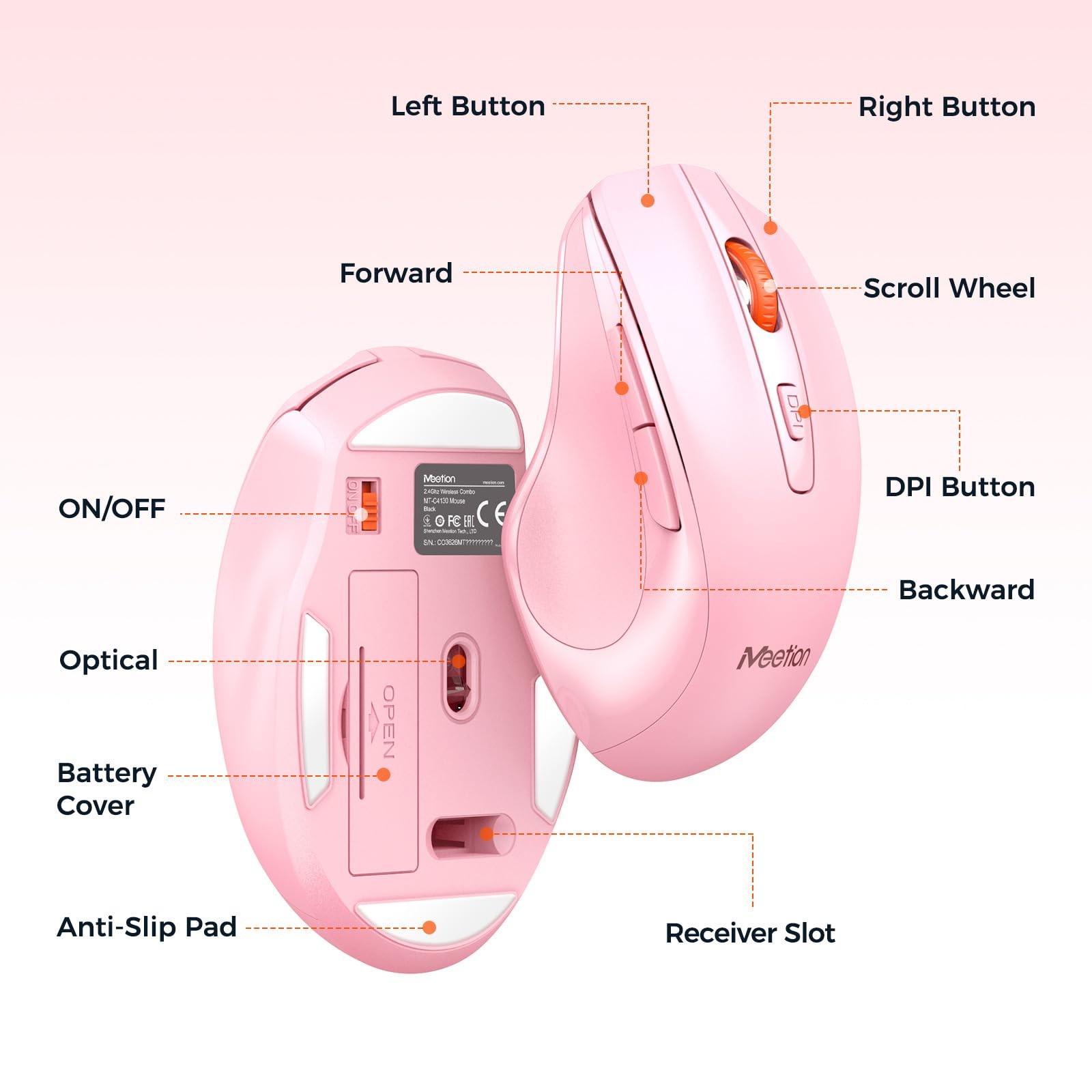 MEETION Wireless Keyboard and Mouse, Full-Sized Cordless with Pink