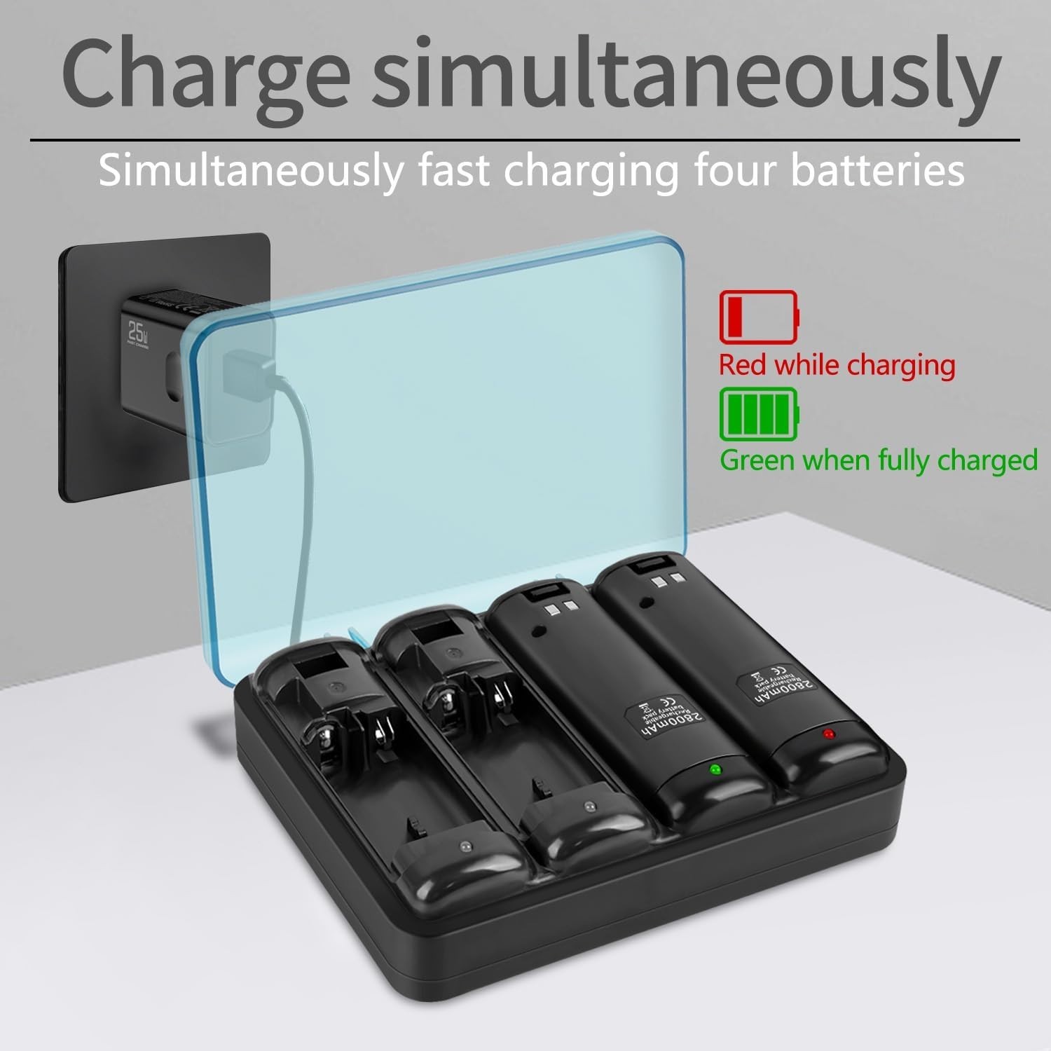 Wii Remote Battery Charger,4 in 1 Charging Station with 4 Pack 2800mAh