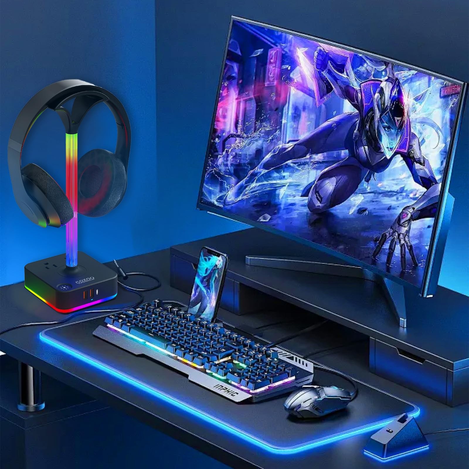 cozoo RGB Headphone Stand with Charger 3 9.86*4.1*3.9 in, Gaming Lights