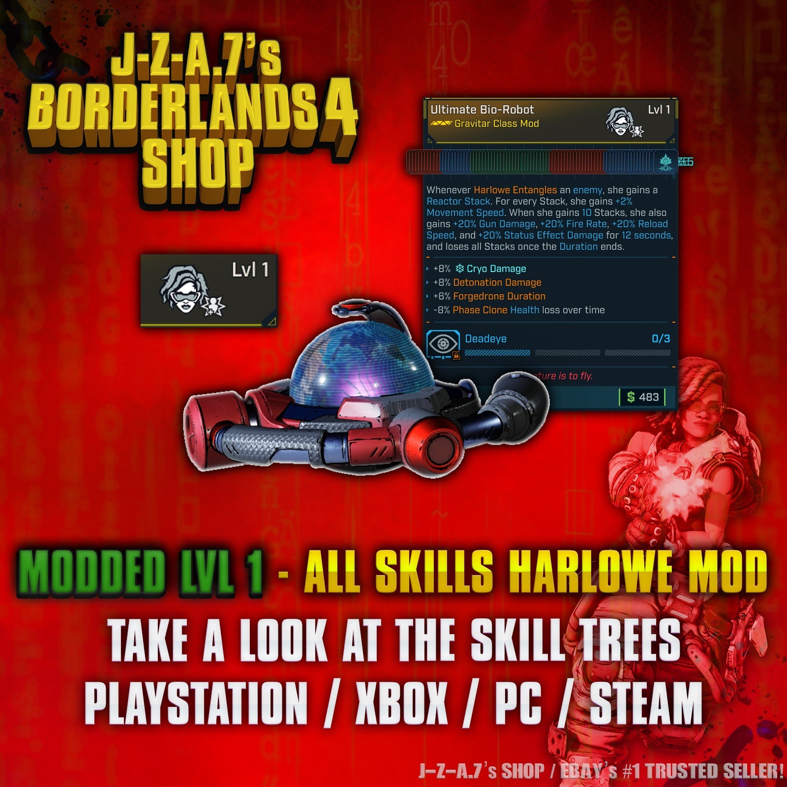 Borderlands 4✨ MODDED LEVEL 1 ONE ALL SKILLS HARLOWE CLASS MOD BL4 ✅PC-PS-XBOX✨
