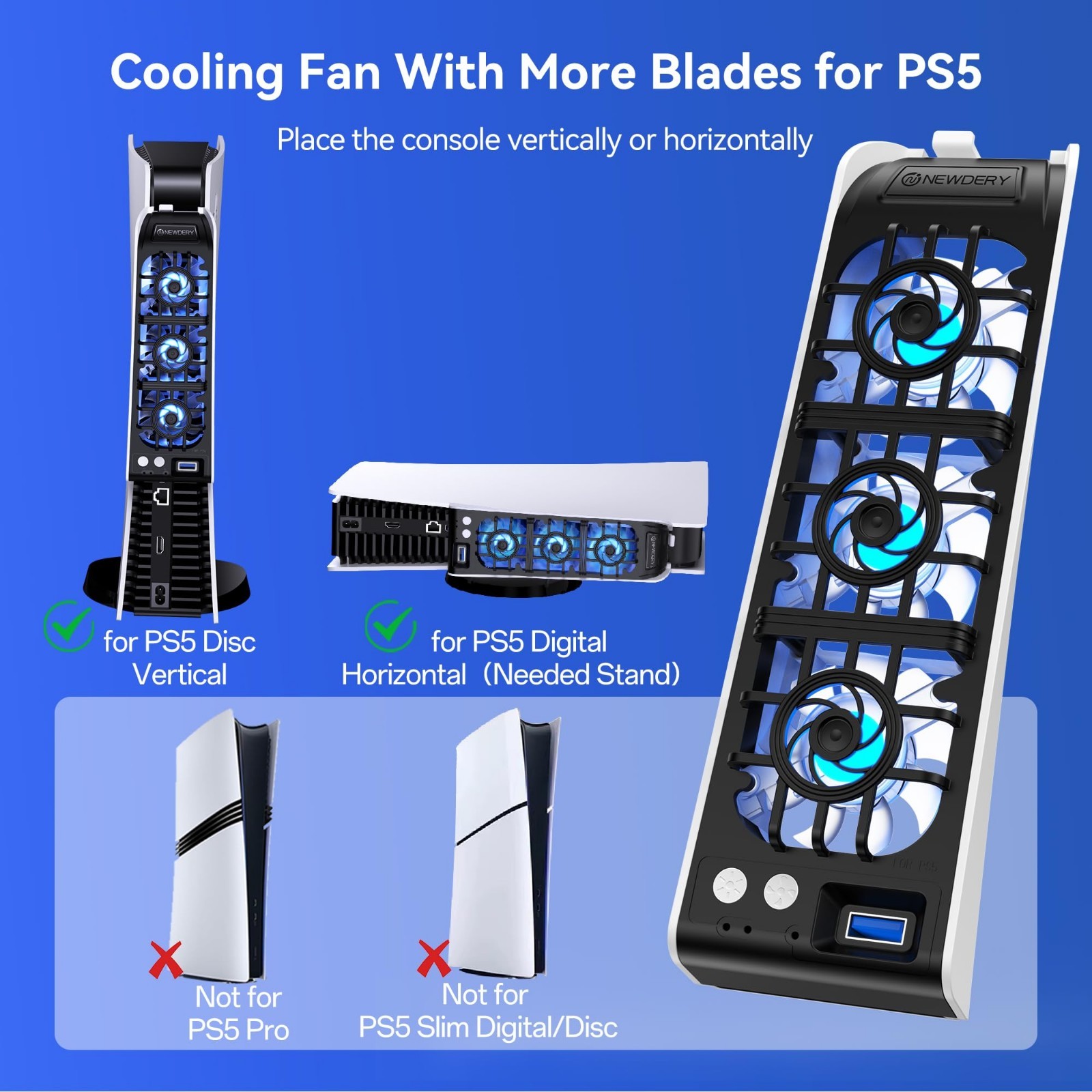 NEWDERY Cooling Fan for PS5 Larger Fan Quiet Cooler With Auto Speed 9-Blades