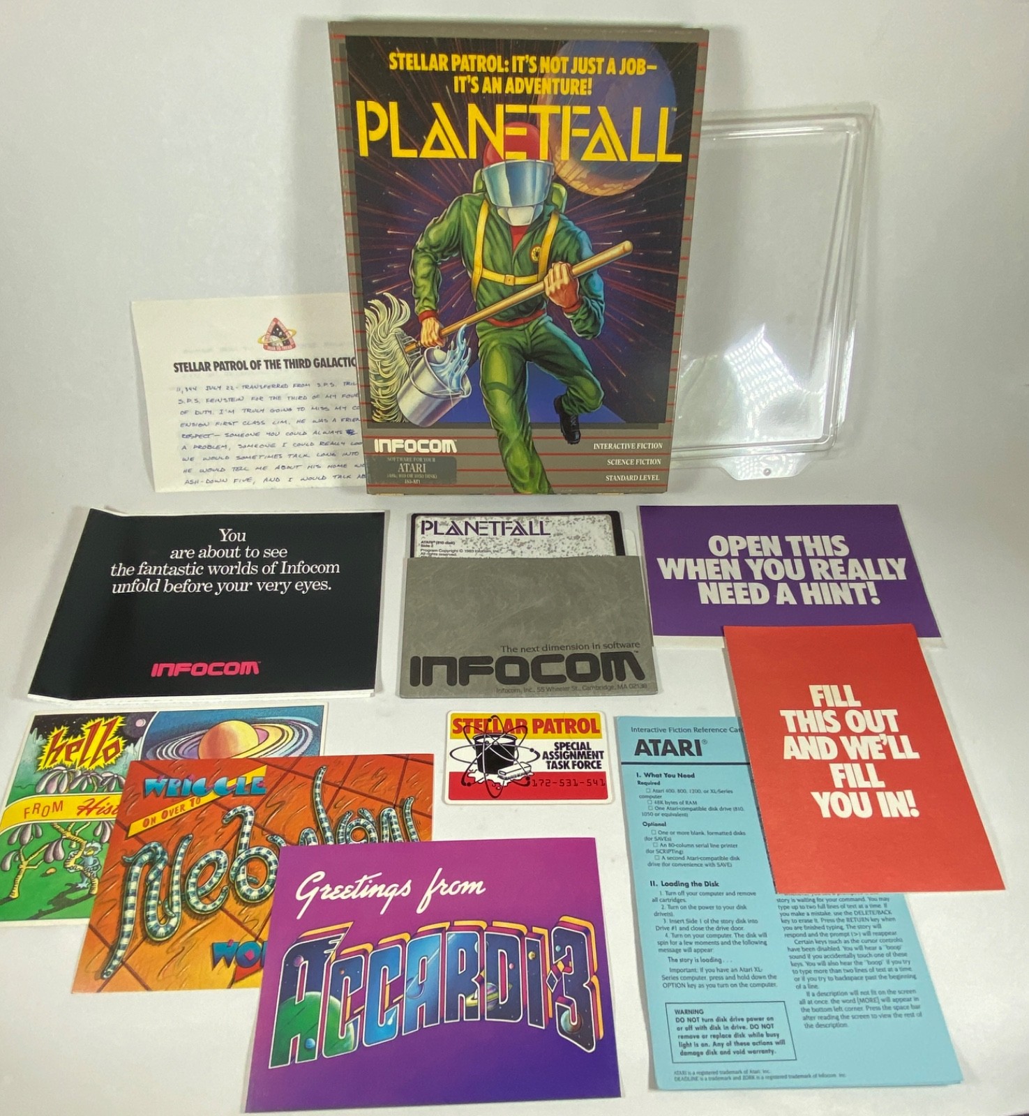 PLANETFALL INFOCOM Atari 400/800 COMPLETE w Feelies Inserts Postcards Folio!