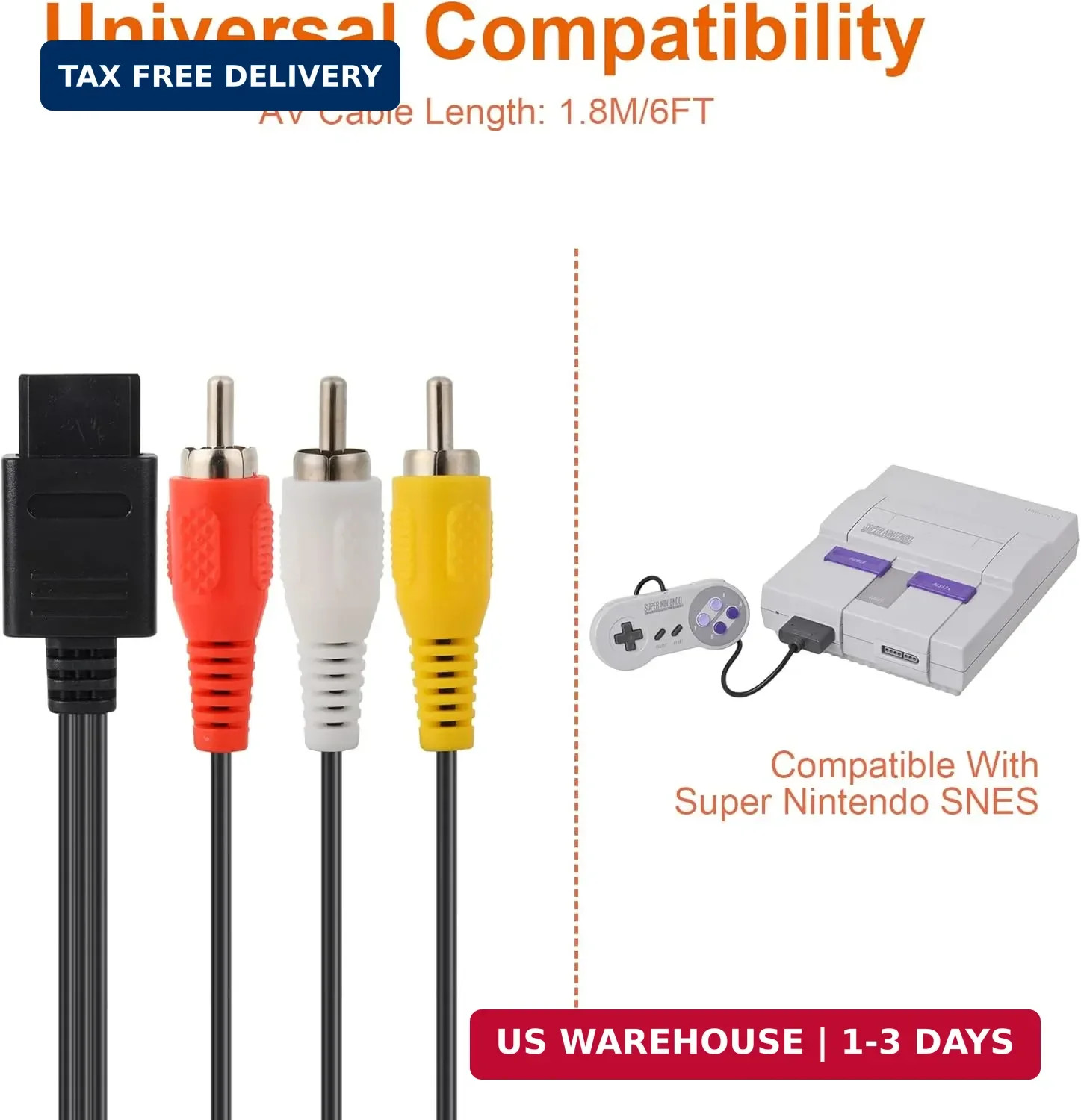 Power Supply and AV Cable for SNES, AC Power Adapter and Audio Video RCA AV Cabl