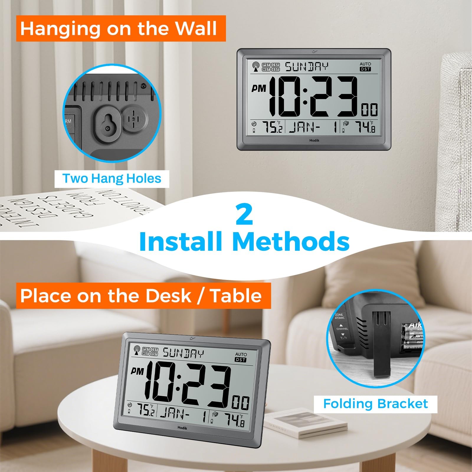 HODIK Wall Clock Atomic with Indoor Outdoor Temperature 9*5.9*1.1 in, Silver