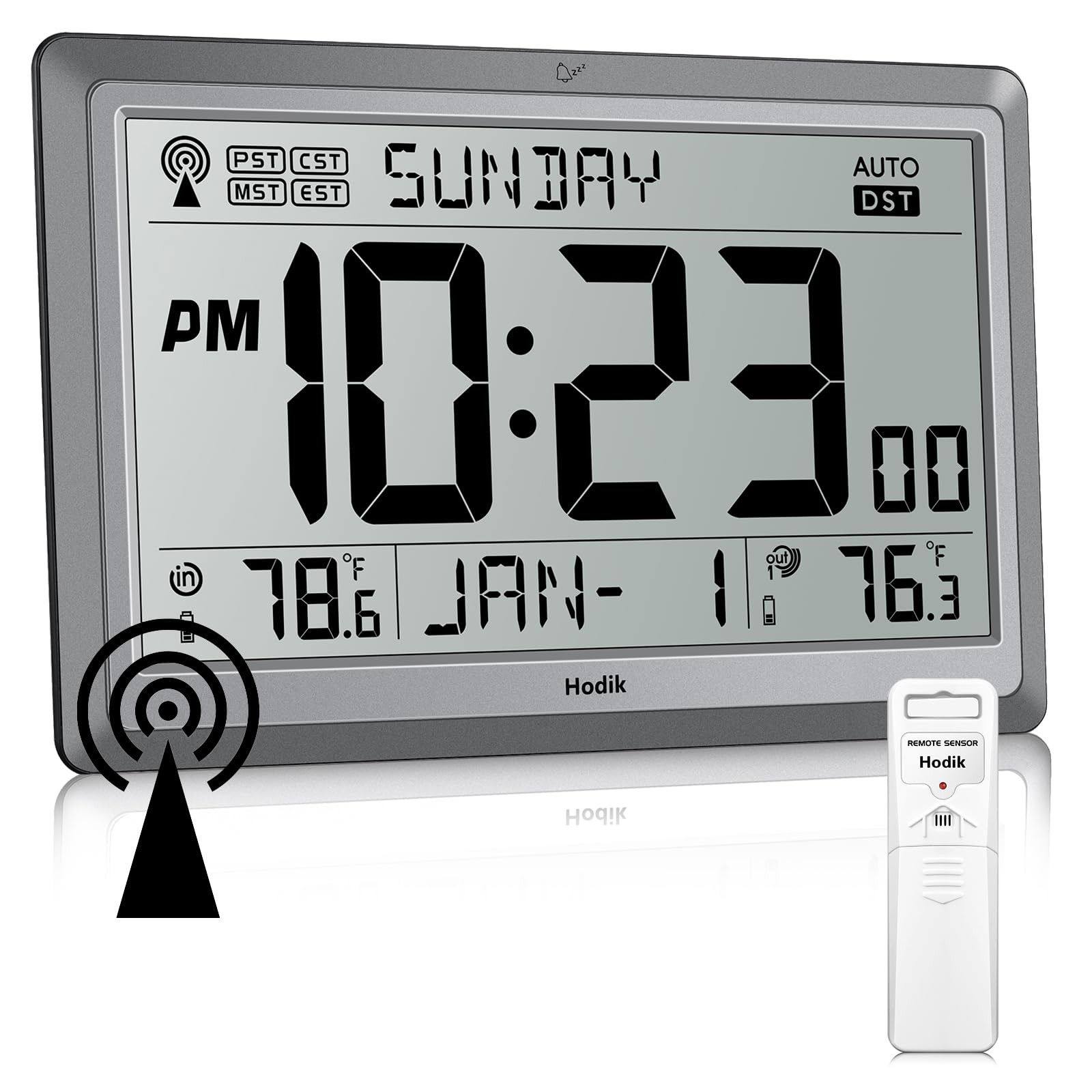 HODIK Wall Clock Atomic with Indoor Outdoor Temperature 9*5.9*1.1 in, Silver
