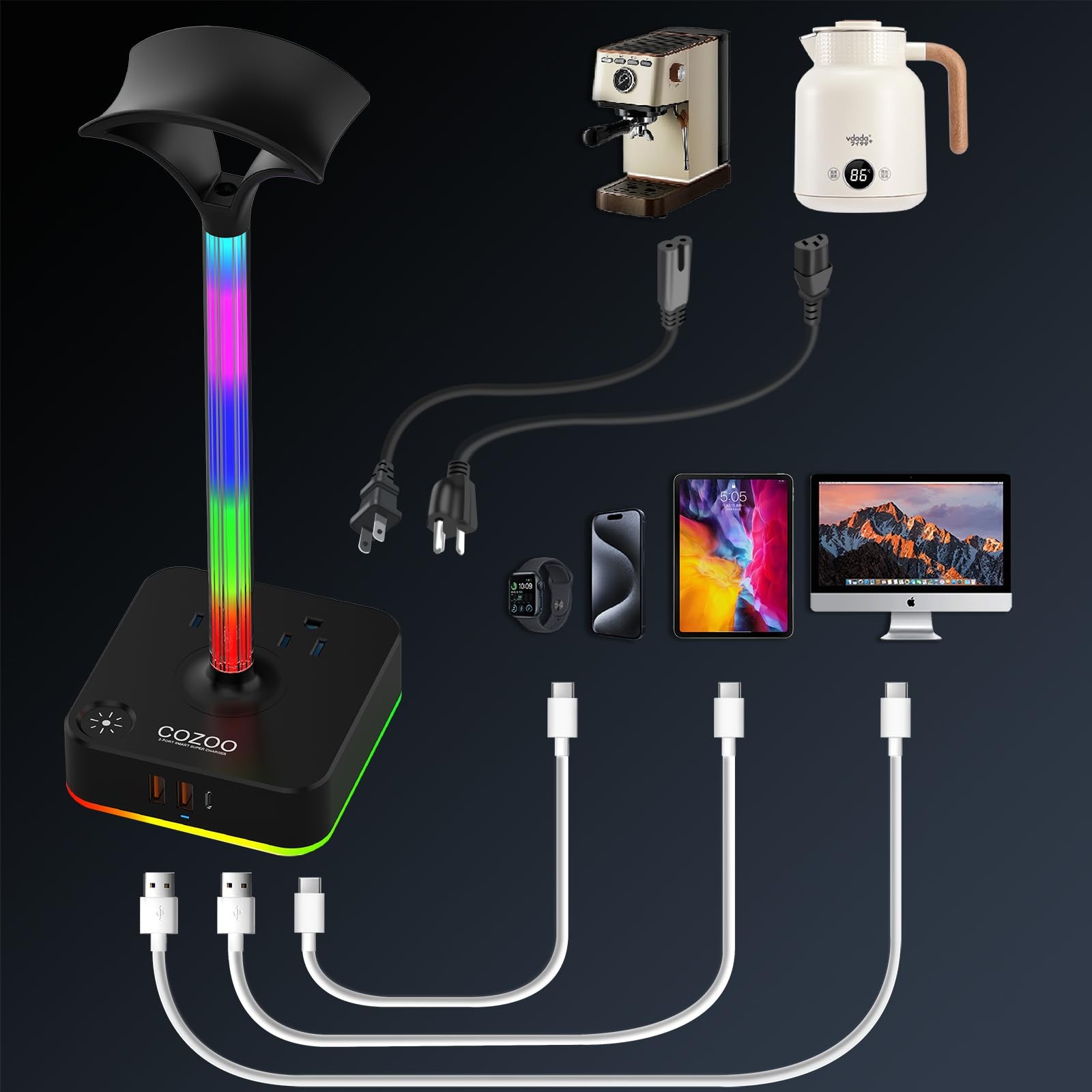 cozoo RGB Headphone Stand with Charger 3 9.86*4.1*3.9 in, Gaming Lights