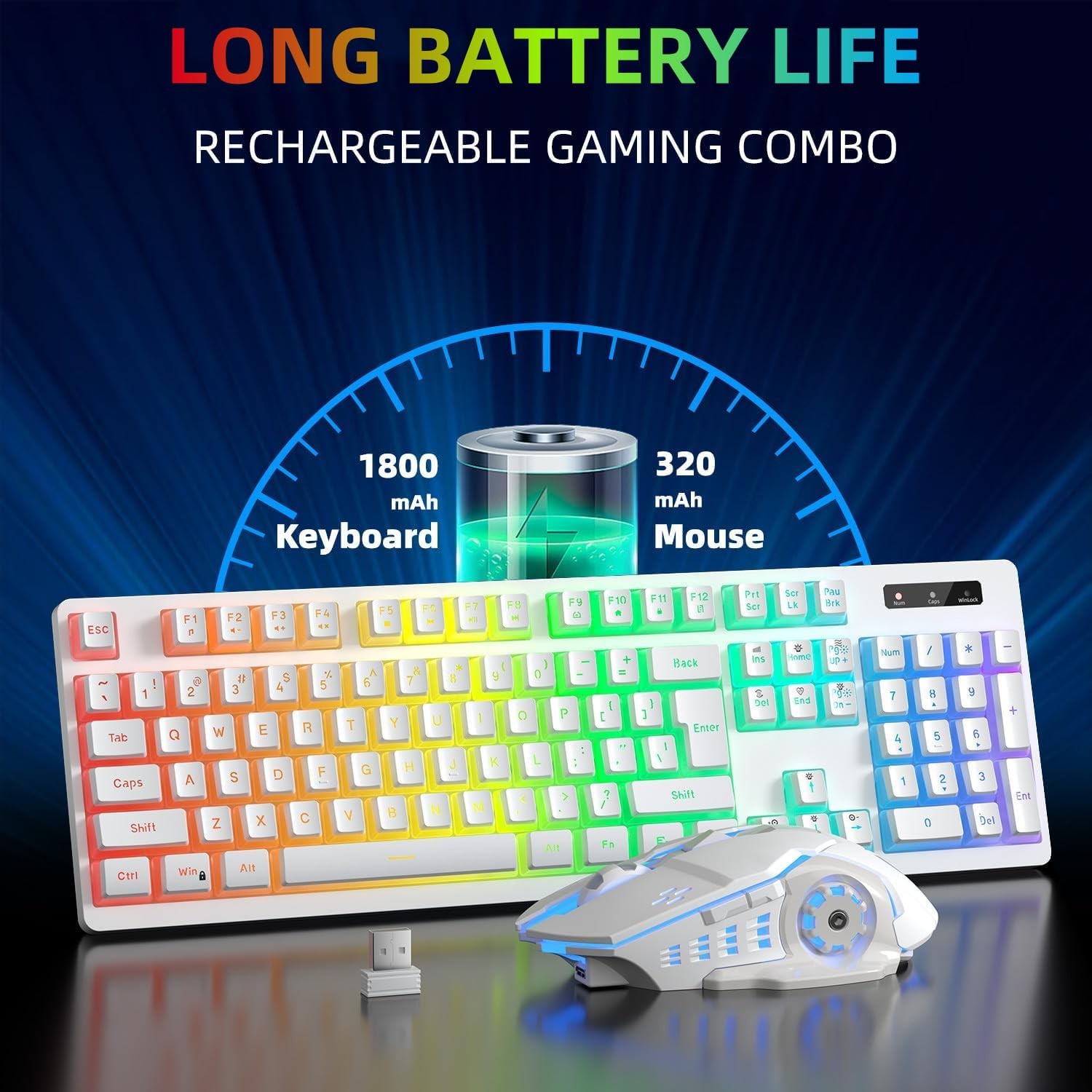 Wireless Gaming Keyboard and Mouse Combo – RGB Backlit, Rechargeable, White