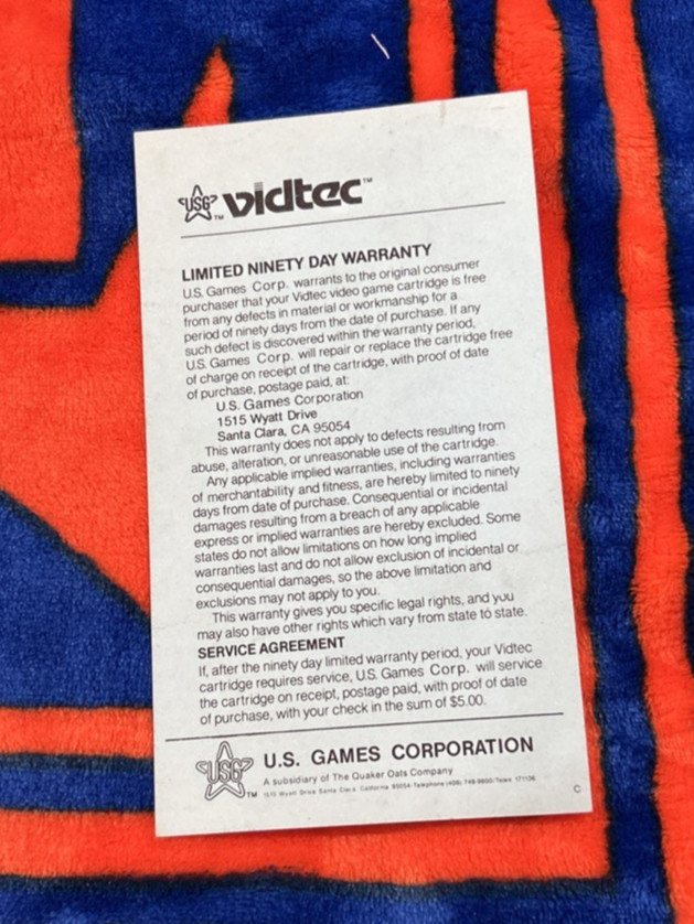 Vintage VIDTEC U.S. Games 90 Warranty ATARI 2600 Video Game Blue Insert