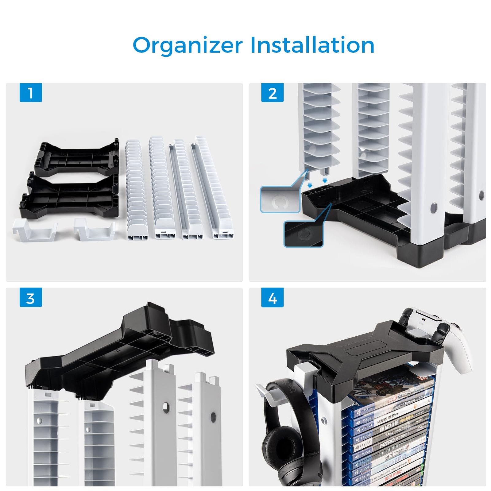 ASFSKY Video Game Storage Tower – 24 Games Holder Stand 23, Black and White