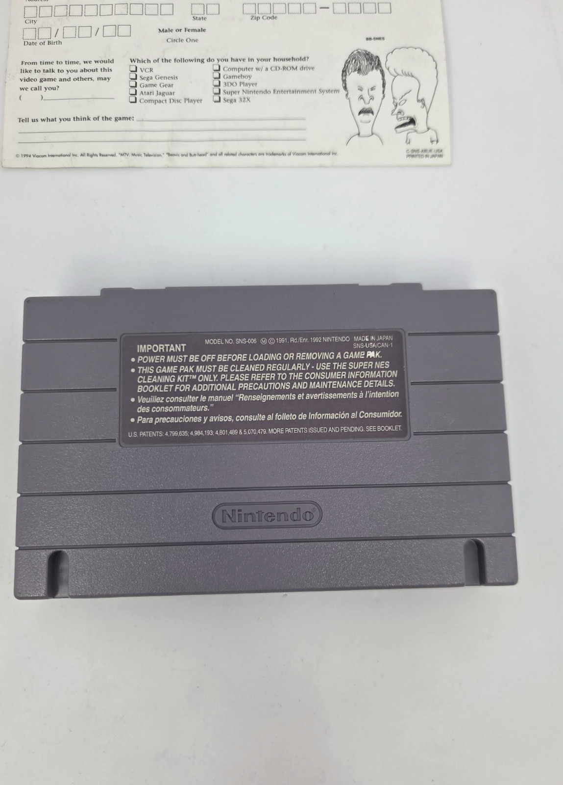 MTV Beavis and Butt-Head SNES Super Nintendo Game Manual Poster Inserts