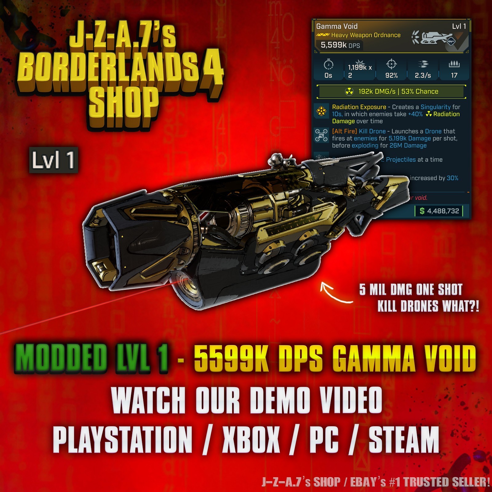 Borderlands 4✨ MODDED LEVEL 1 ONE 5599K DPS GAMMA VOID ORDNANCE BL4 ✅PC-PS-XBOX✨