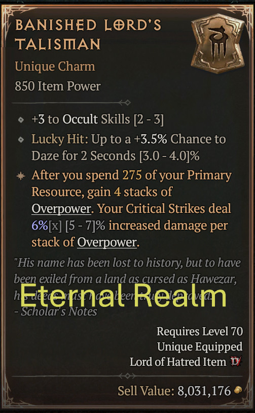 Diablo 4 Eternal Realm Warlock Charm Banished Lord’s Talisman 3 To Occult Skills