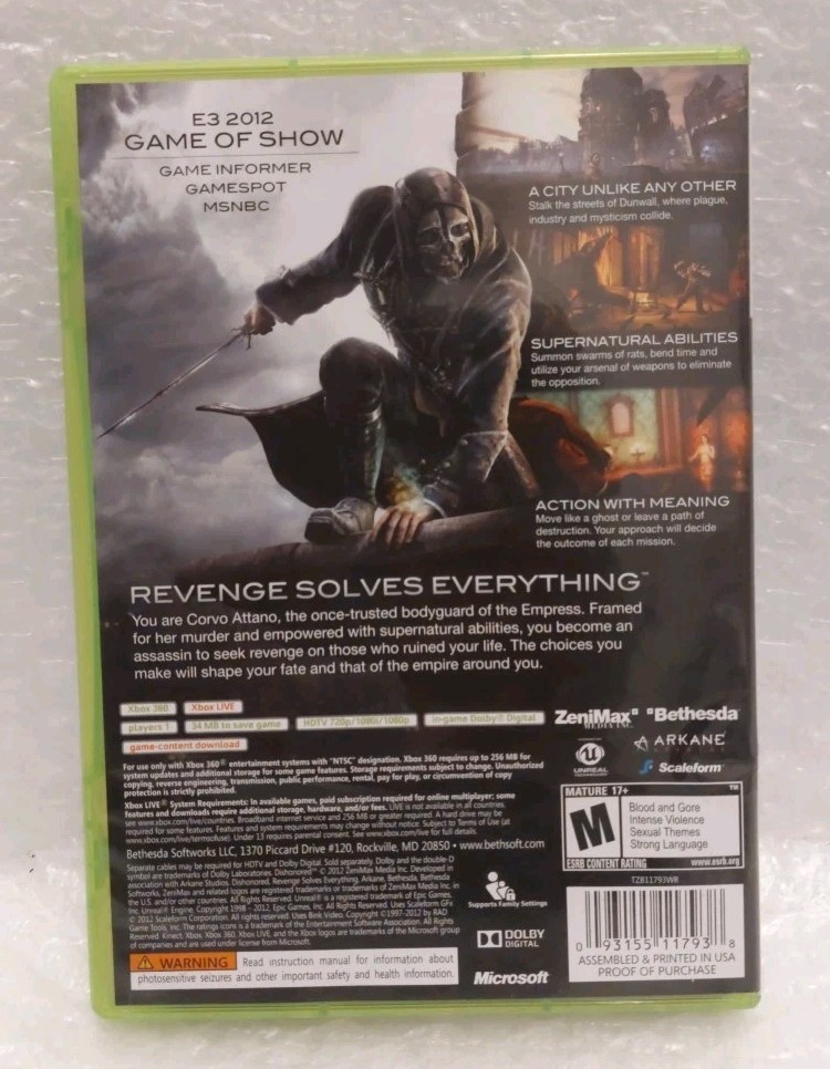 Dishonored (Xbox 360) CIB COMPLETE & TESTED