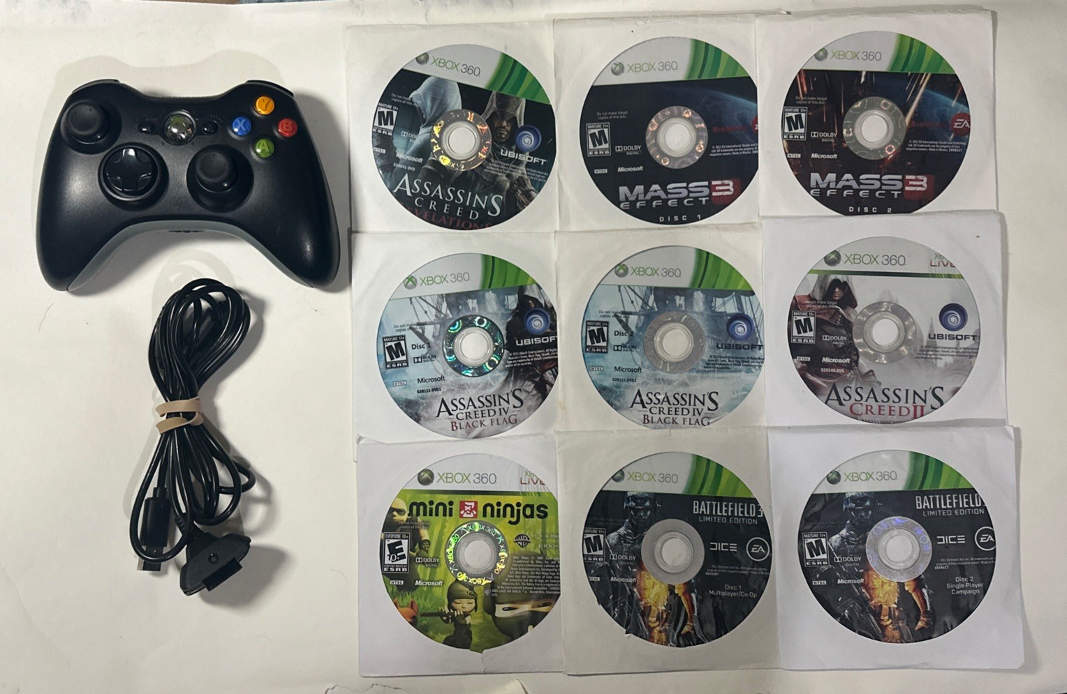 OEM Microsoft Xbox 360 Black Wireless Controller + Games Black Flag Mass Effect
