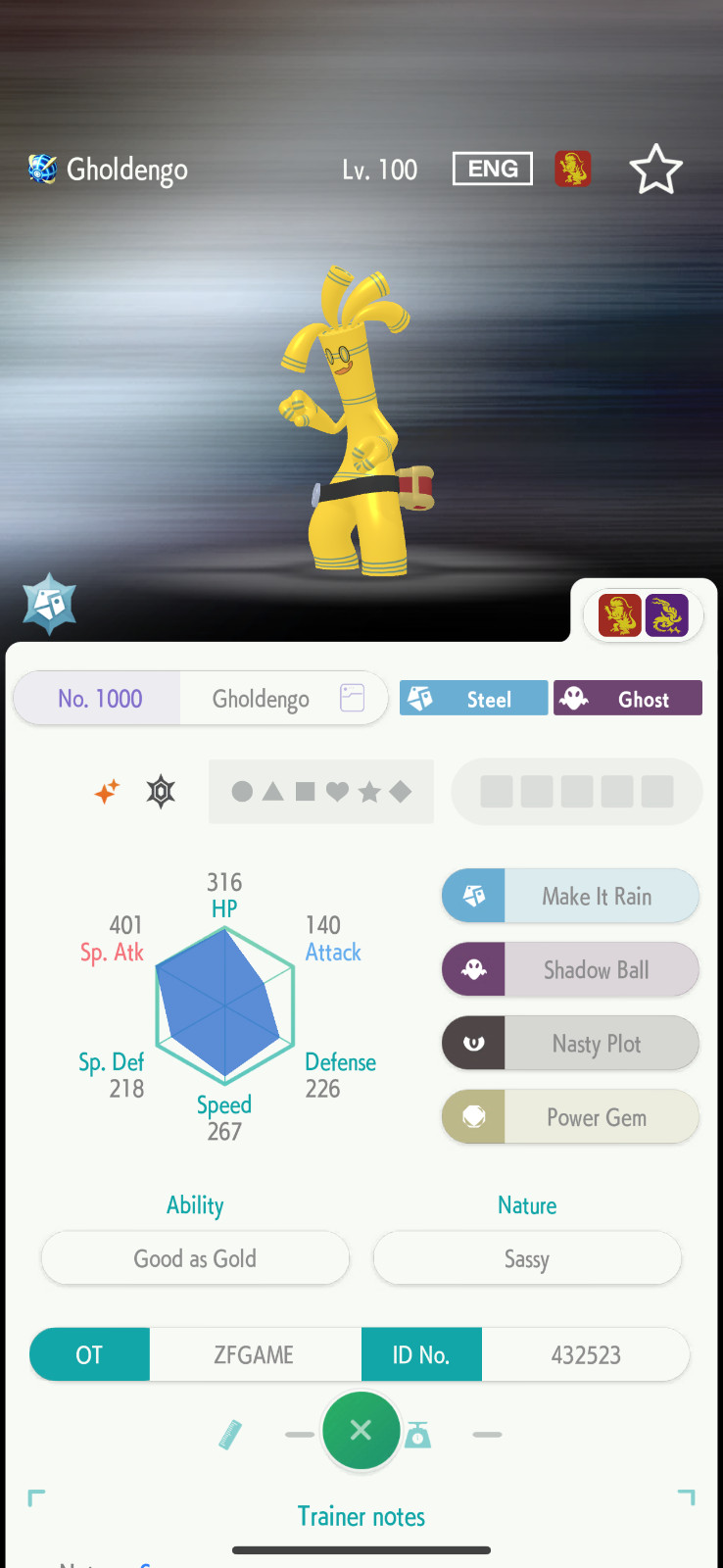 ✨6IV SHINY Gholdengo + EVS🚀 POKEMON HOME✨Champions✨Online delivery⚡